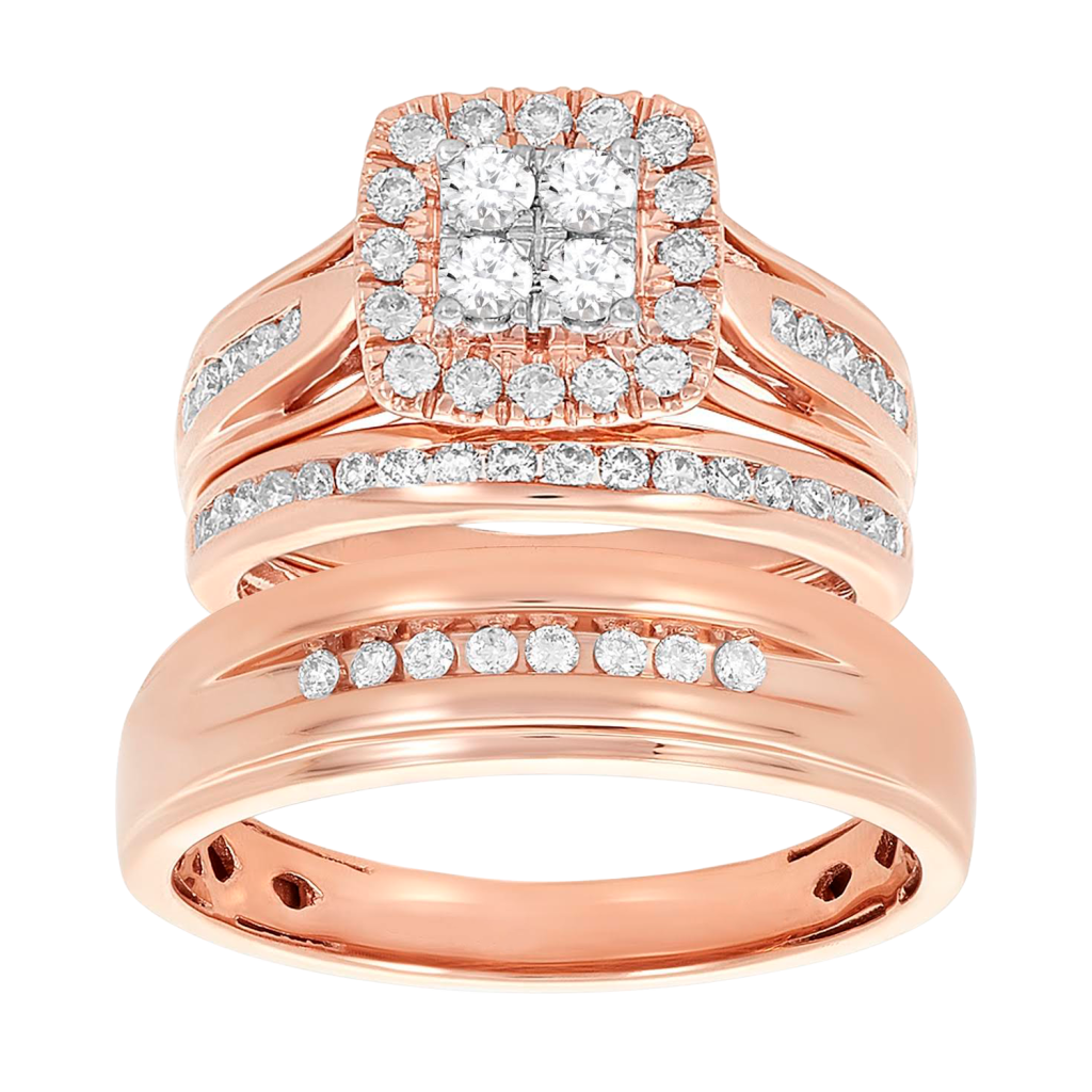 rose gold wedding trio rings