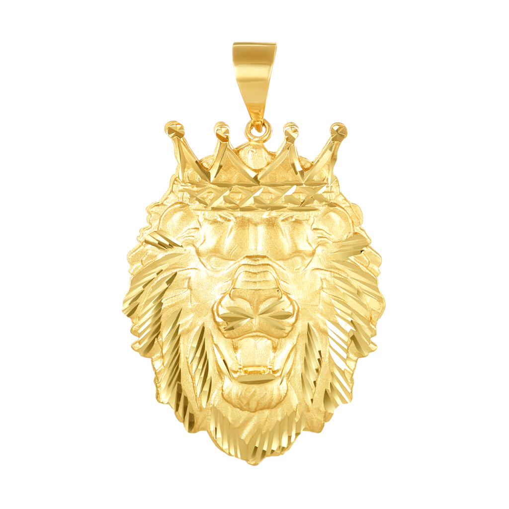 14k gold diamond cut lion head with crown pendant men's jewelry