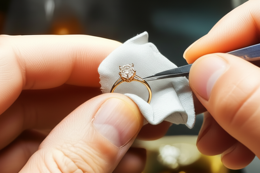 jeweler cleaning a ring holding a cloth