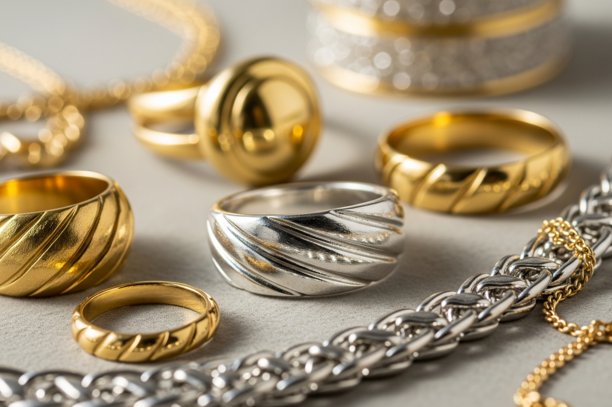 yellow gold and silver rings and chains