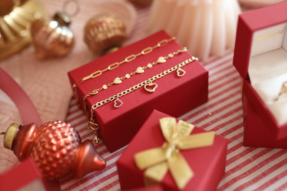 holiday gift jewelry on top of a table
